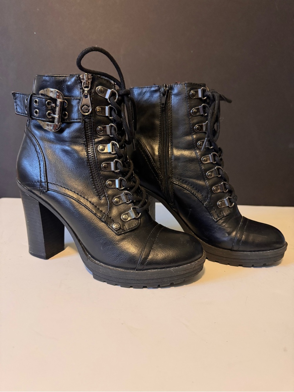 Guess Black Lace-Up Block Heel Ankle Boots with Buckle